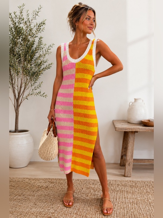 STAUD Dresses & Skirts - STAUD Seashore Rib Knit Midi Dress Striped Colorblock Sleeveless Small NWT